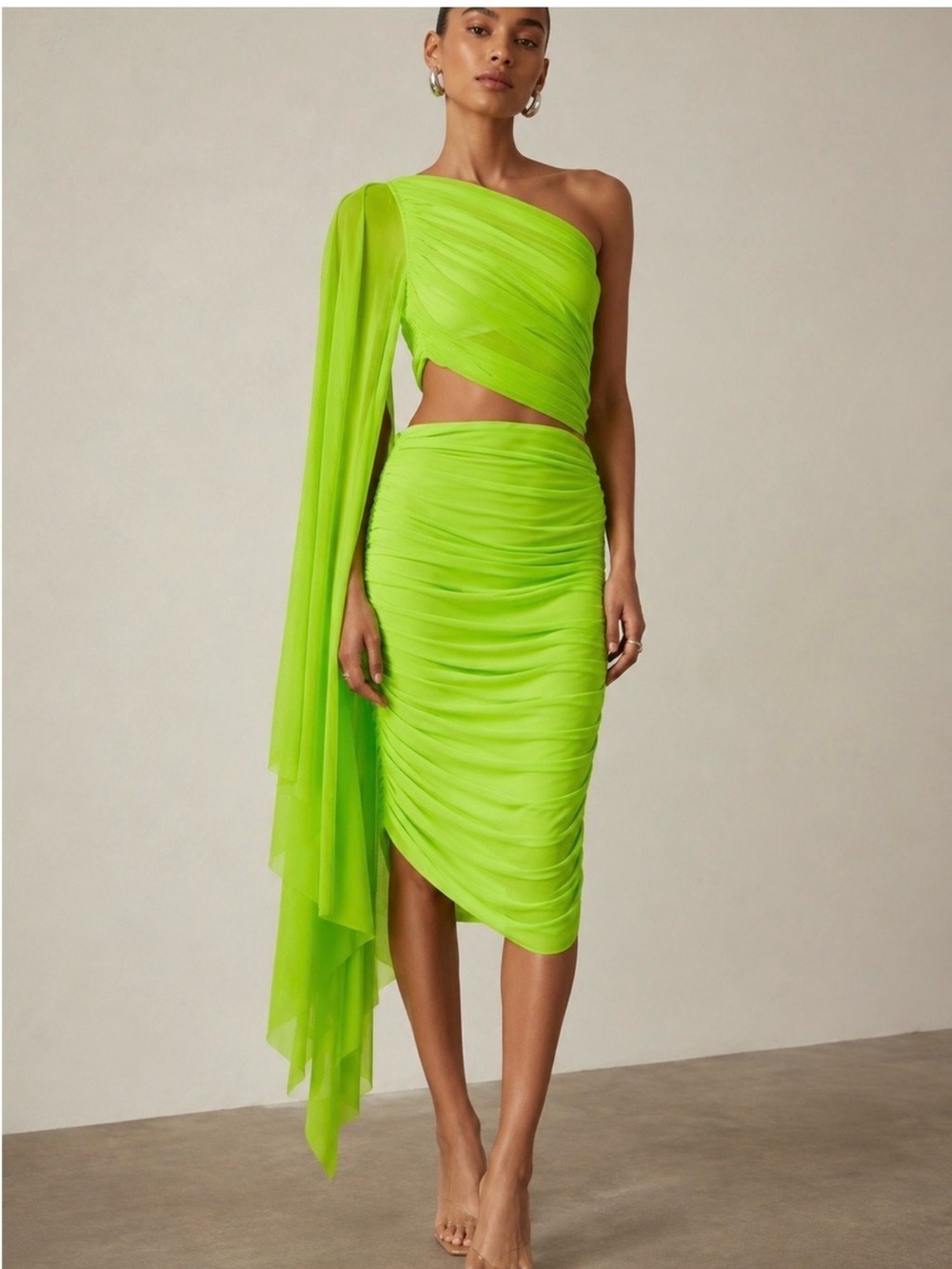 Norma Kamali Neon Lime One-Shoulder Ruched Midi Dress